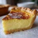 Close-up of a thick slice of creamy egg custard pie with a golden-brown top dusted with powdered sugar and cinnamon.