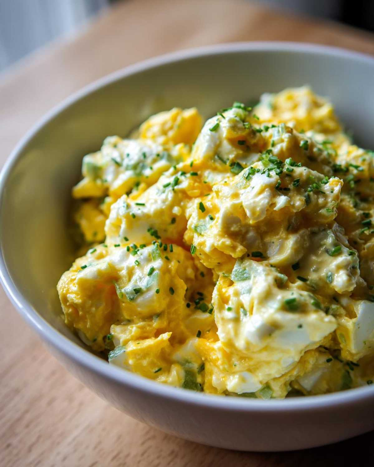 A close-up shot of creamy, yellow egg salad recipe garnished with fresh green chives in a light-colored bowl.
