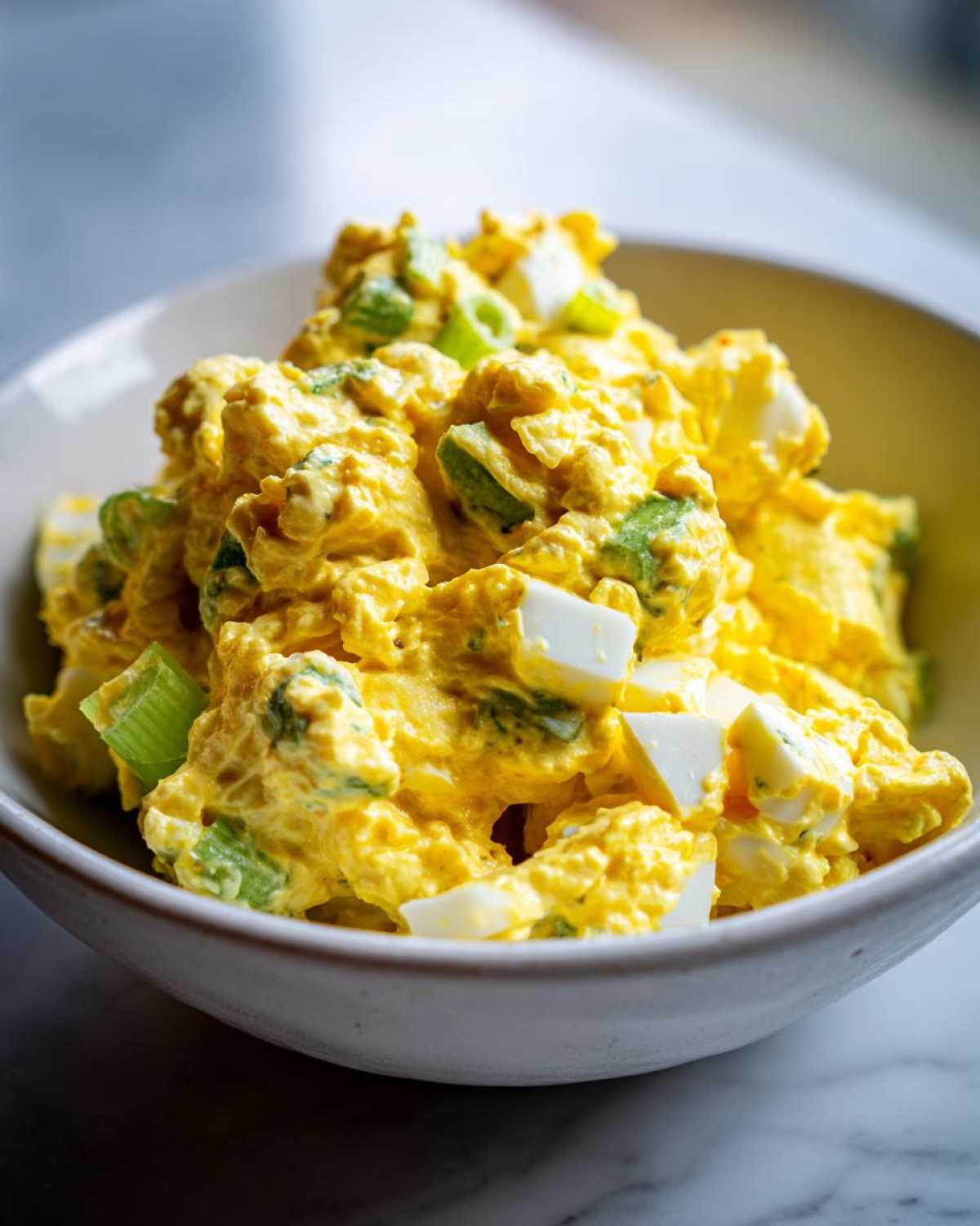 A close-up shot of creamy, vibrant yellow egg salad recipe mixed with chopped celery and visible chunks of white egg in a light ceramic bowl.