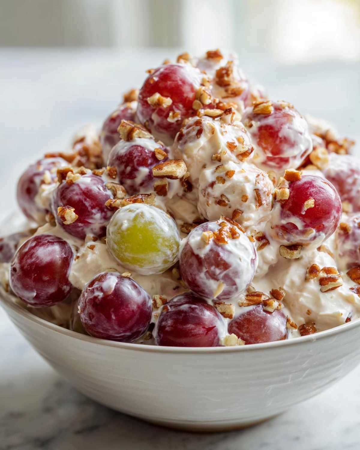 Close-up of creamy chicken salad chick grape salad mixture topped generously with chopped pecans.