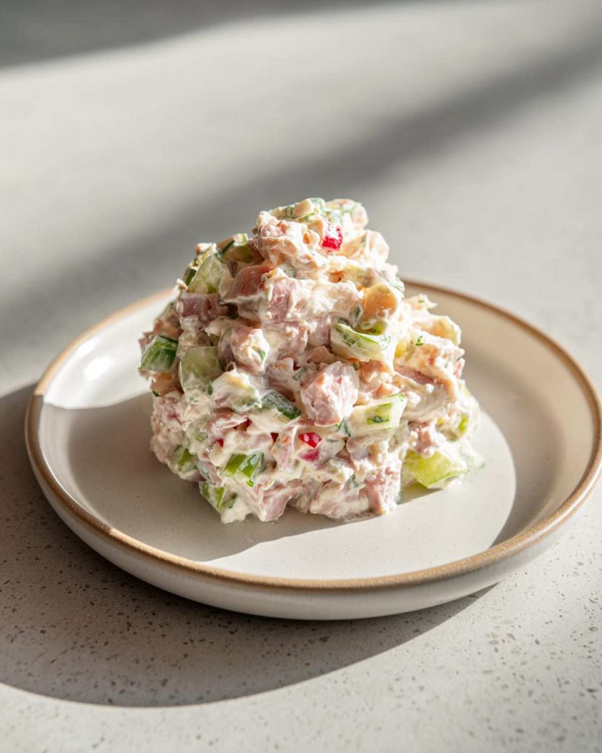 A mound of creamy ham salad mixed with diced cucumber and red pepper served on a small beige plate.