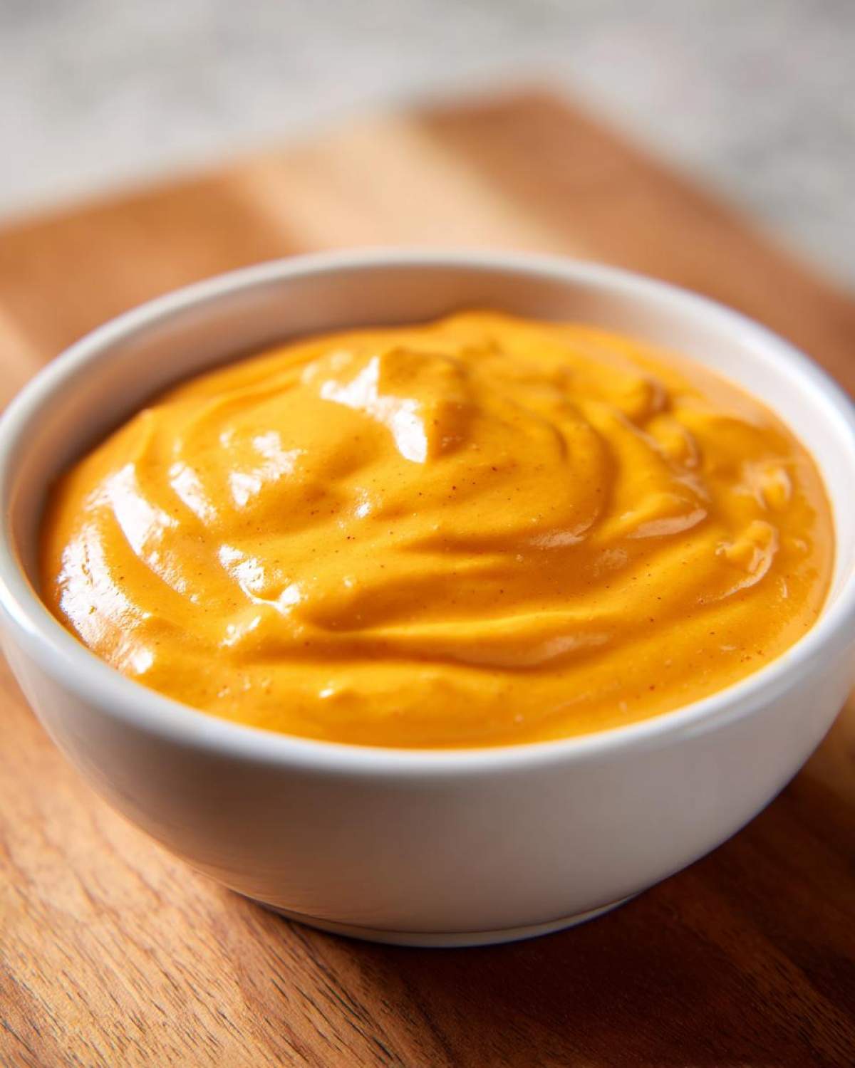 Close-up of a small white bowl filled with thick, vibrant orange nacho cheese sauce.