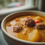 Close-up of a bowl of creamy Italian sausage soup featuring chunks of sausage, potatoes, and carrots.