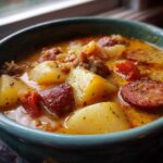 Close-up of a creamy, rich Italian sausage soup featuring chunks of potato and sliced sausage in a teal bowl.