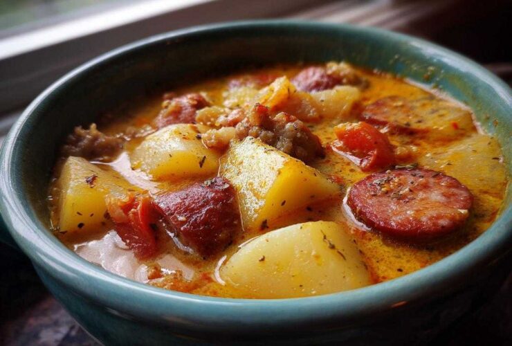 Close-up of a creamy, rich Italian sausage soup featuring chunks of potato and sliced sausage in a teal bowl.