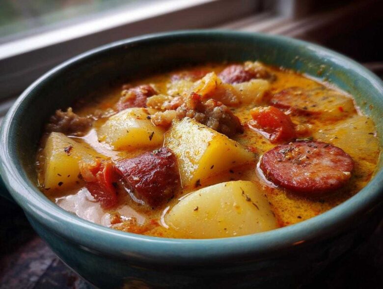 Close-up of a creamy, rich Italian sausage soup featuring chunks of potato and sliced sausage in a teal bowl.