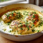 Three golden-brown chicken breasts simmering in a rich, creamy lemon sauce and topped with fresh parsley.