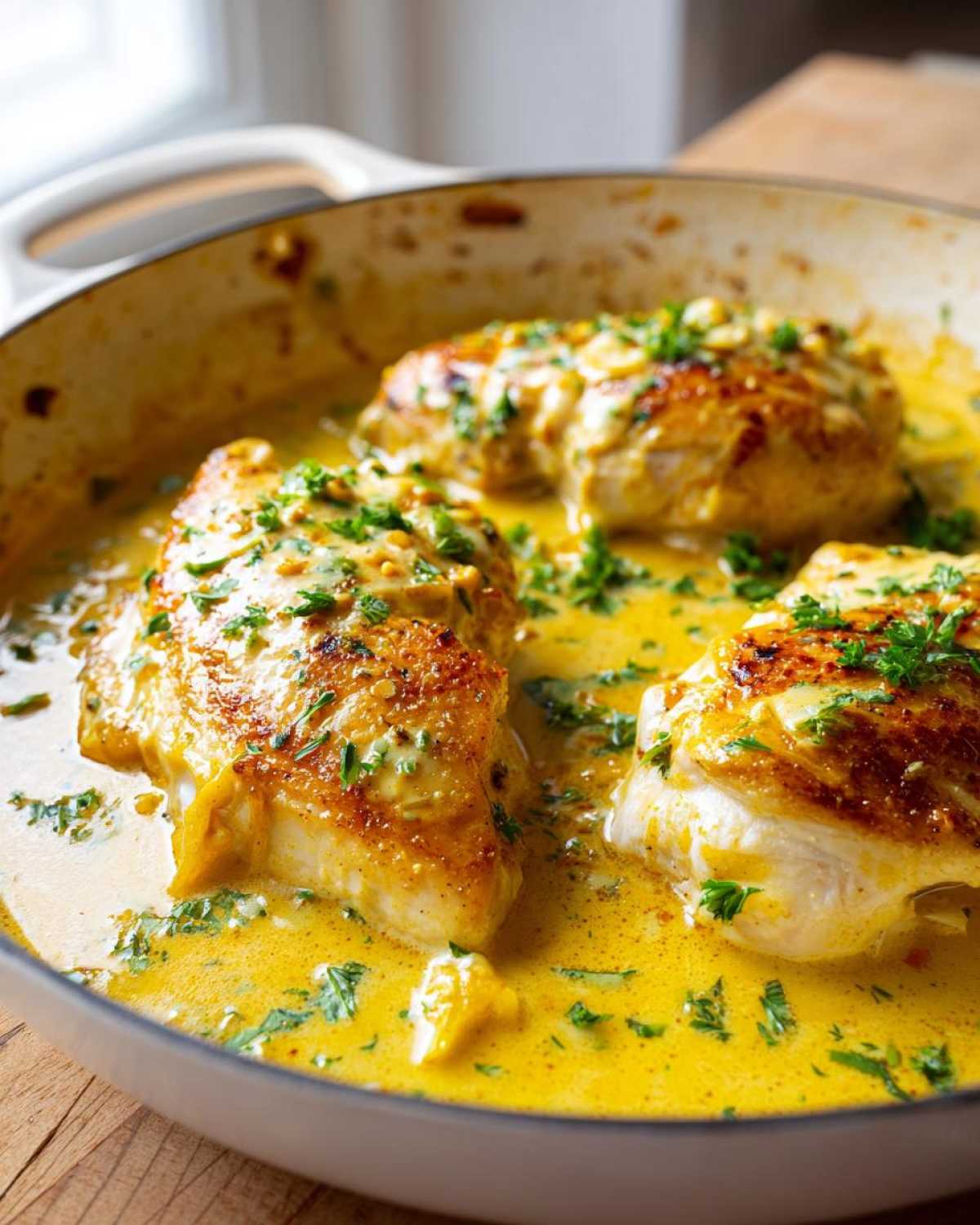 Three seared chicken breasts simmering in a rich, bright yellow creamy lemon chicken sauce, garnished with parsley.