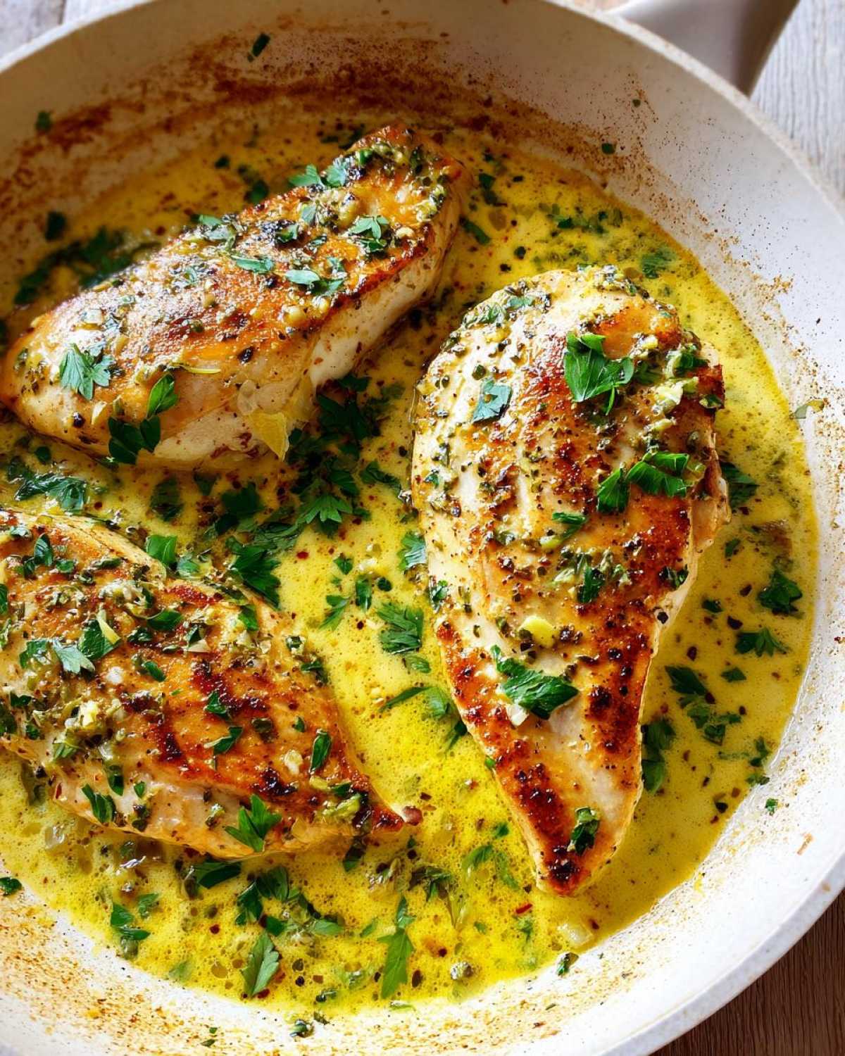 Three golden-brown chicken breasts simmering in a vibrant, yellow creamy lemon chicken sauce, garnished with fresh parsley.