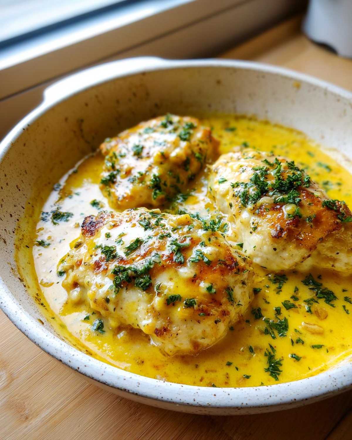 Three pieces of golden-brown chicken breasts swimming in a rich, bright yellow creamy lemon chicken sauce, topped with fresh parsley.