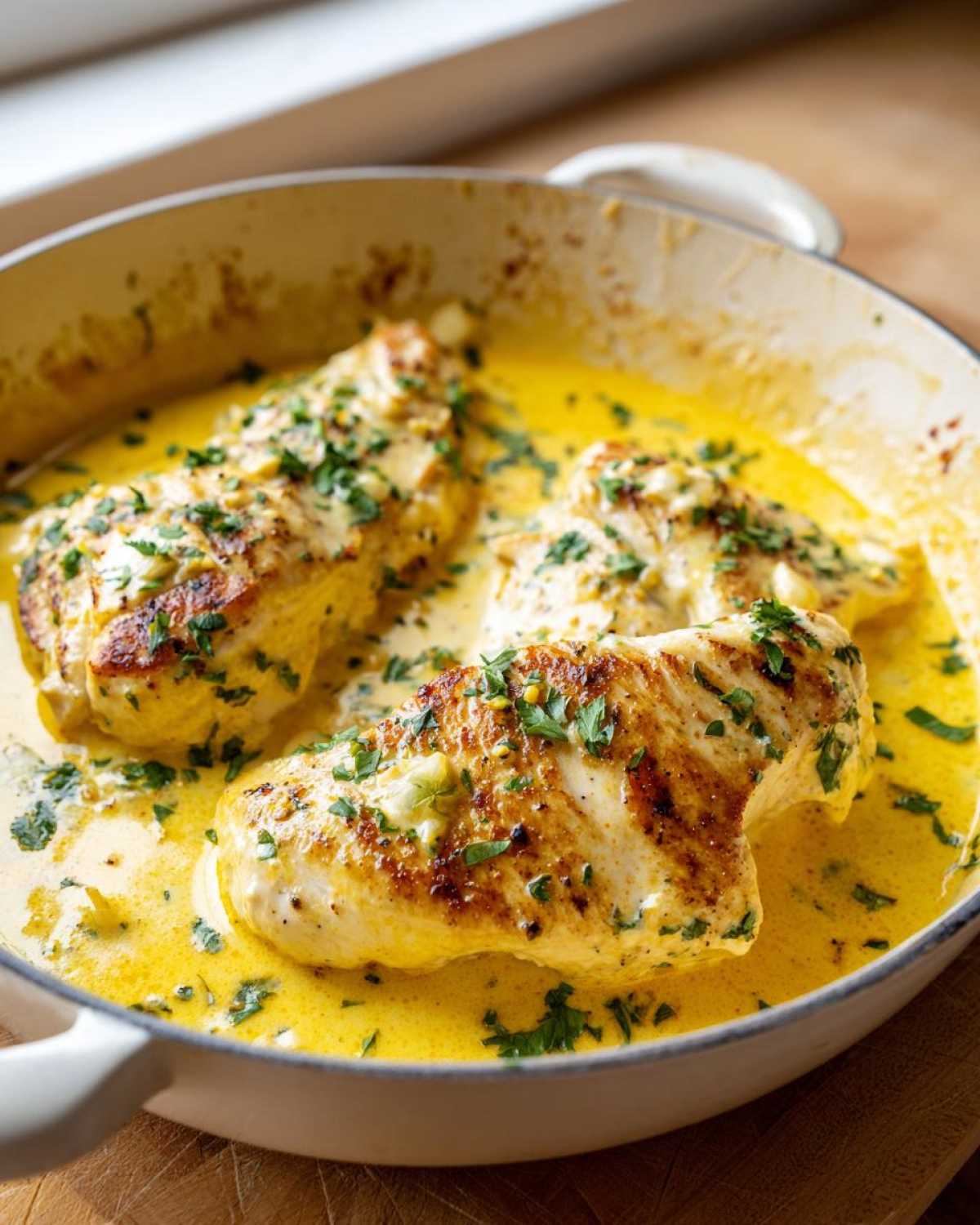Three pan-seared chicken breasts simmering in a rich, bright yellow creamy lemon chicken sauce, garnished with parsley.