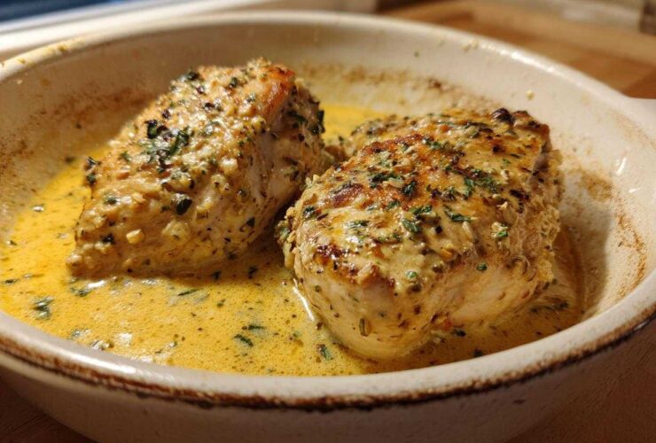 Two golden-brown chicken breasts simmering in a rich, yellow creamy lemon chicken sauce, garnished with herbs.