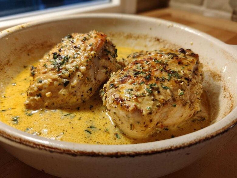 Two golden-brown chicken breasts simmering in a rich, yellow creamy lemon chicken sauce, garnished with herbs.