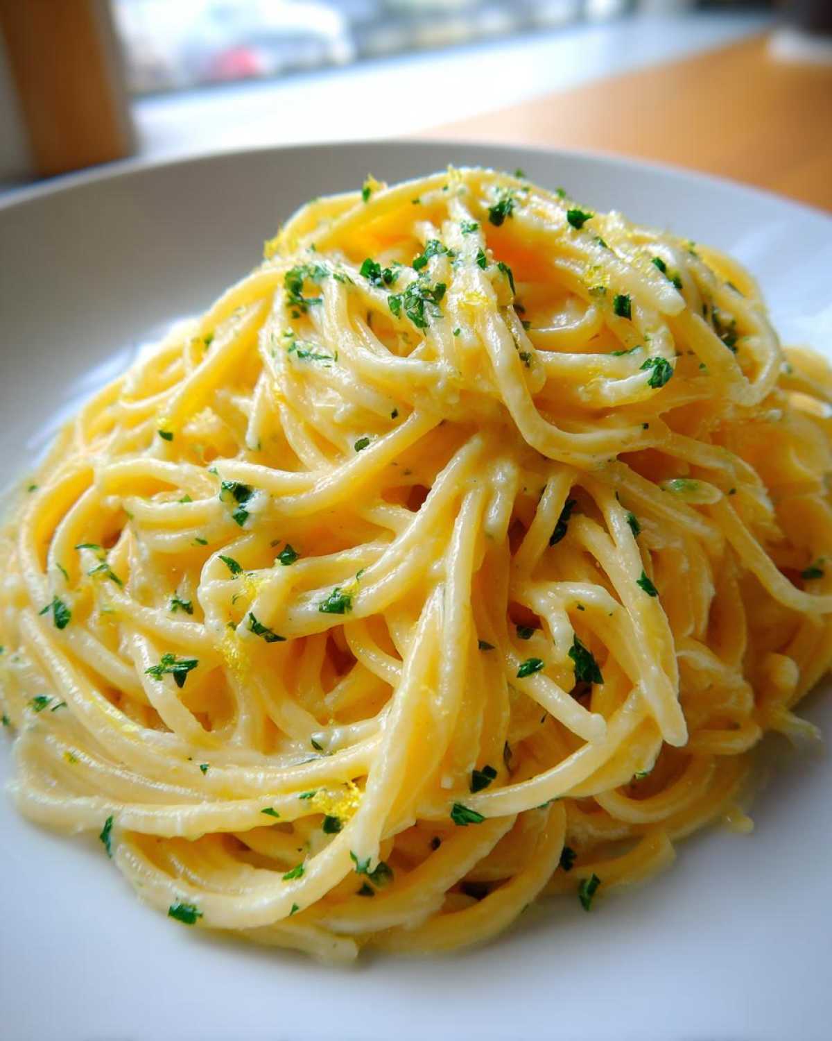 A close-up shot of a mound of Creamy Lemon Pasta coated in a rich sauce and topped with fresh parsley.
