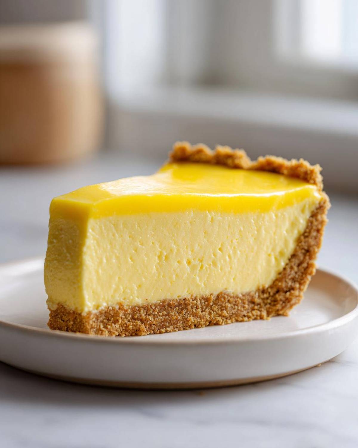 A thick slice of creamy lemon pie with a graham cracker crust, featuring a bright yellow topping.