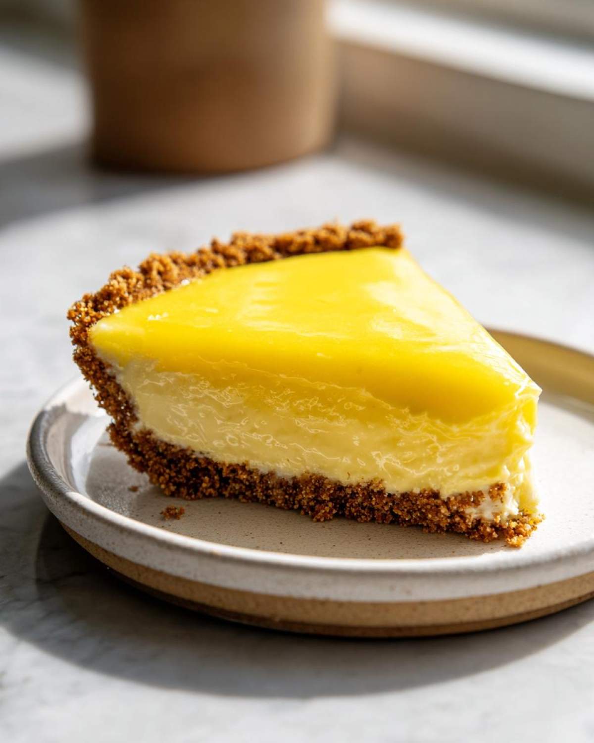 A close-up shot of a single slice of creamy lemon pie with a thick graham cracker crust on a light ceramic plate.