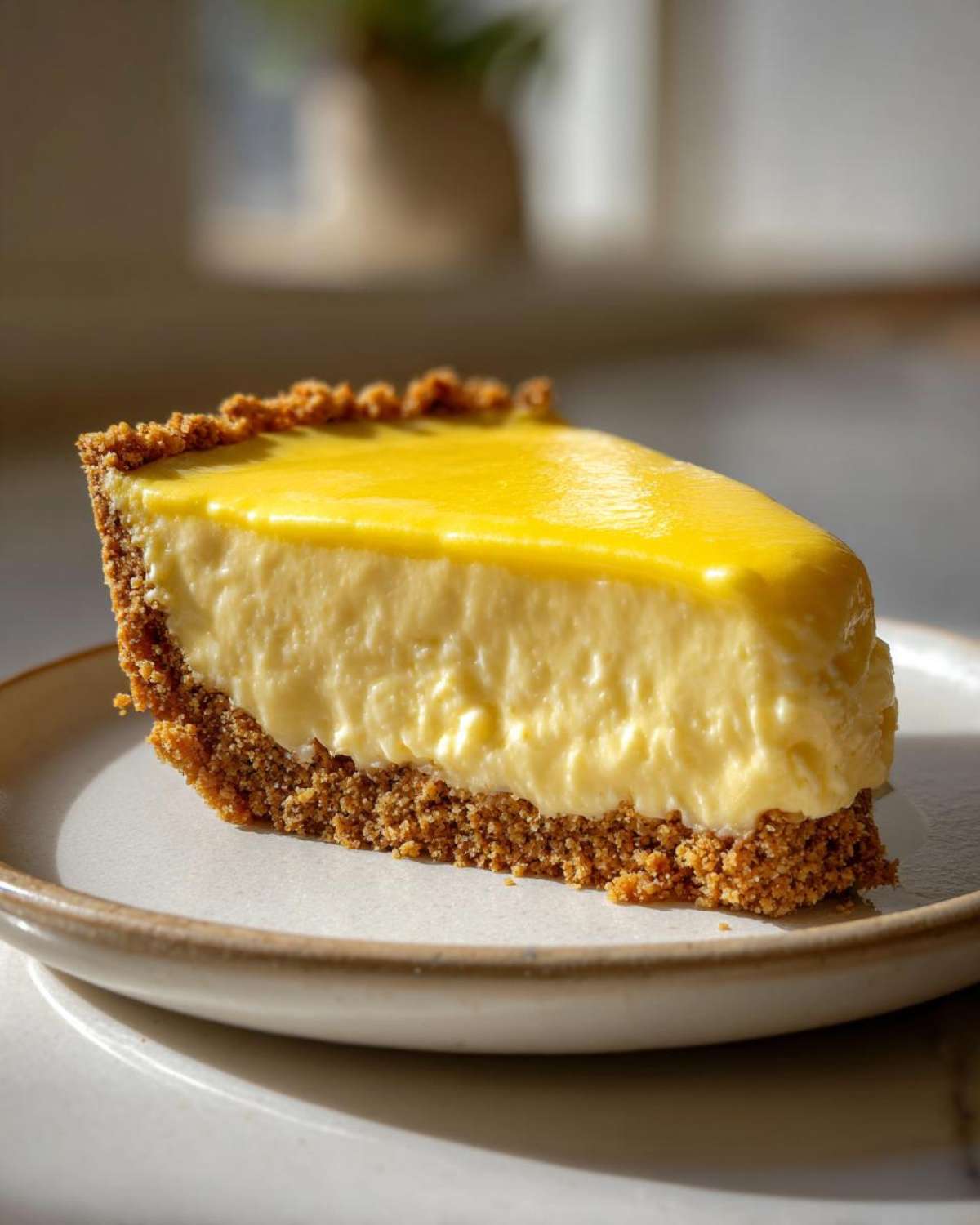 Close-up of a rich slice of creamy lemon pie featuring a thick graham cracker crust and bright yellow topping.