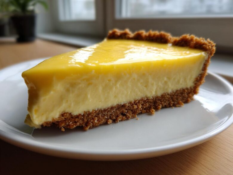 Close-up of a thick slice of creamy lemon pie with a graham cracker crust on a white plate.