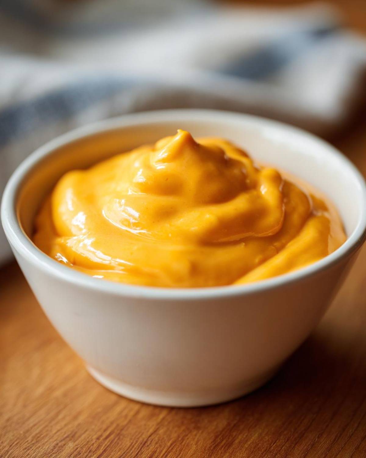 A close-up of smooth, bright orange nacho cheese sauce filling a small white bowl on a wooden surface.
