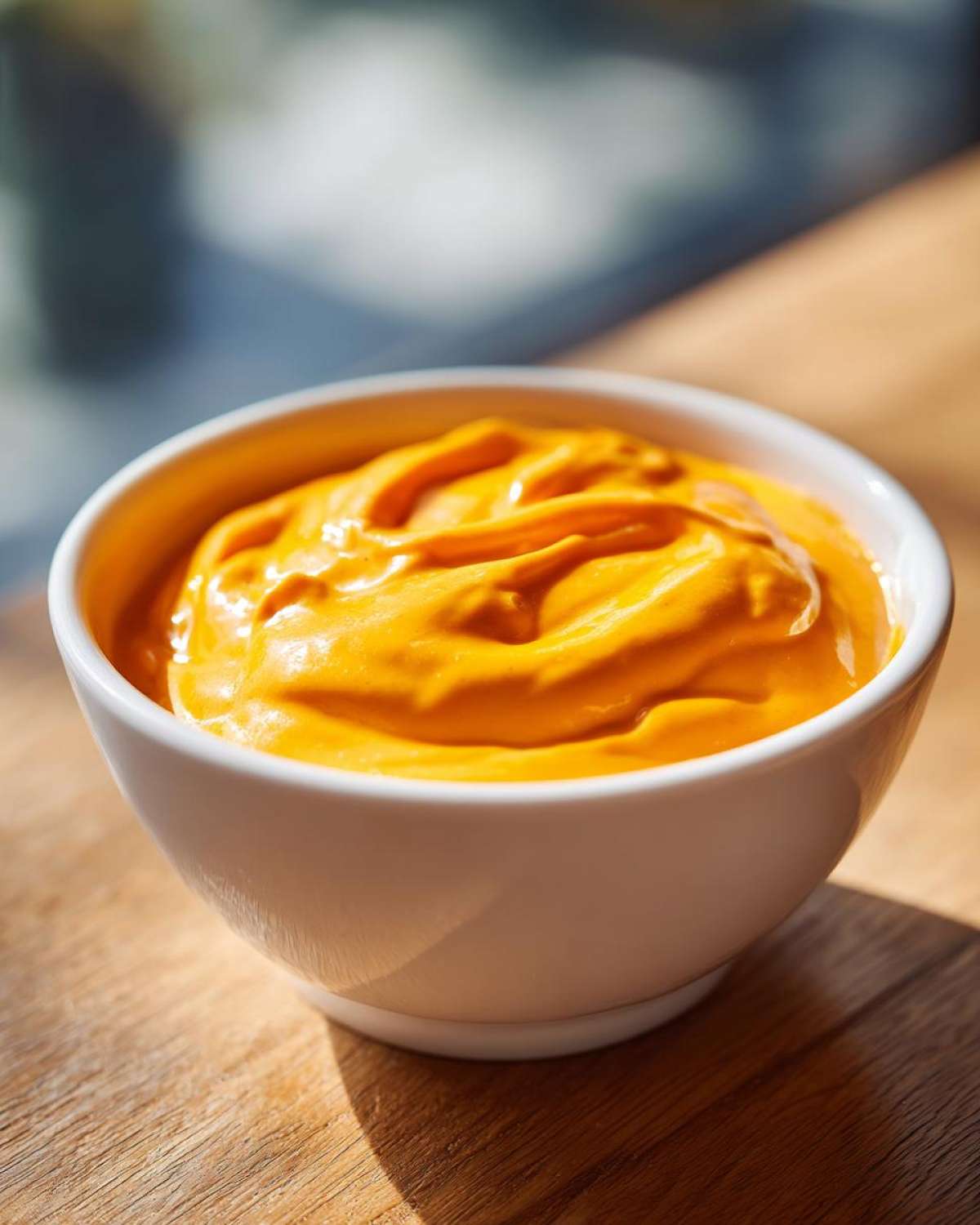 A close-up shot of vibrant, creamy nacho cheese sauce swirled in a small white bowl on a wooden surface.