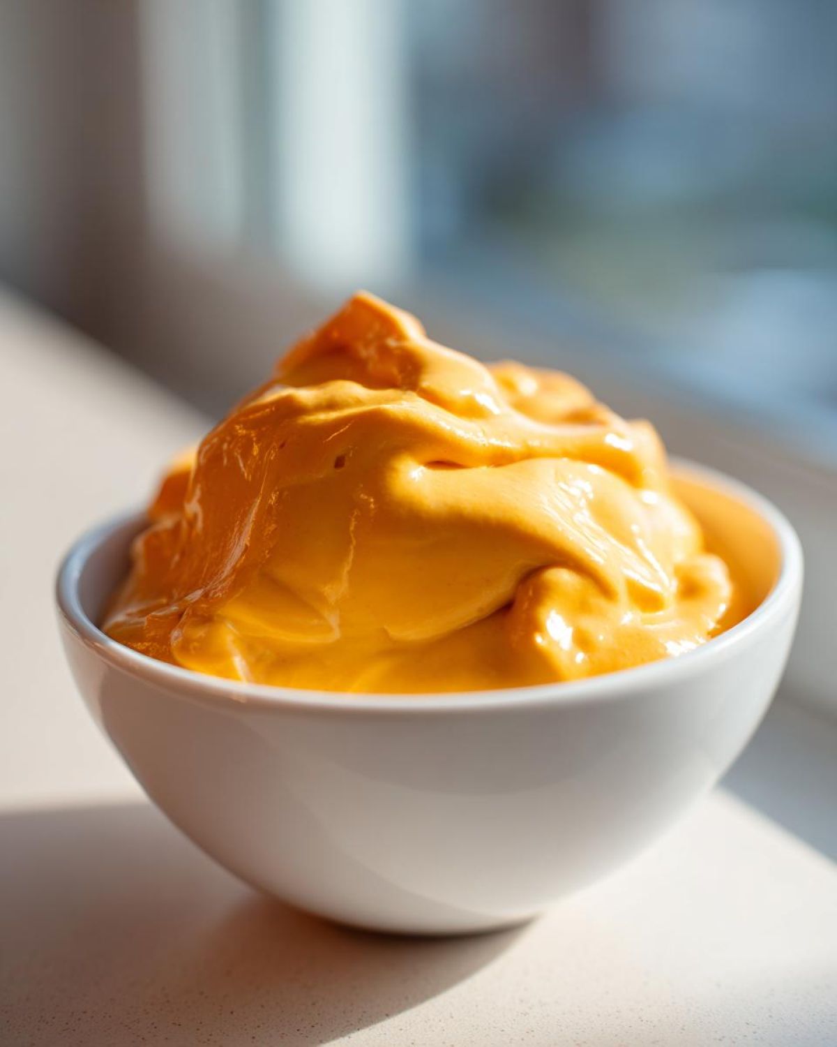 Close-up of rich, bright orange nacho cheese sauce piled high in a small white bowl.