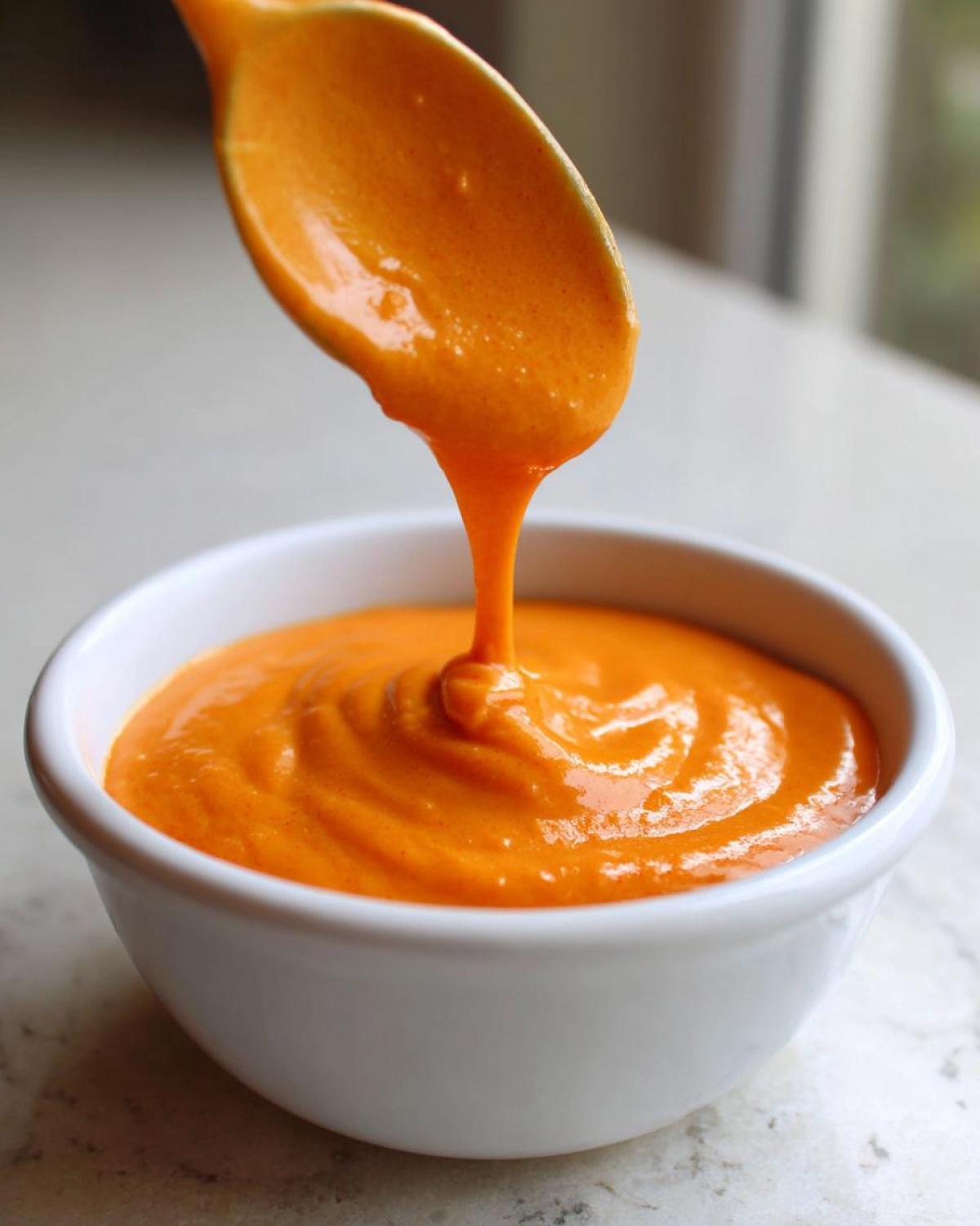 A spoonful of thick, vibrant orange nacho cheese sauce is drizzled back into a white bowl.