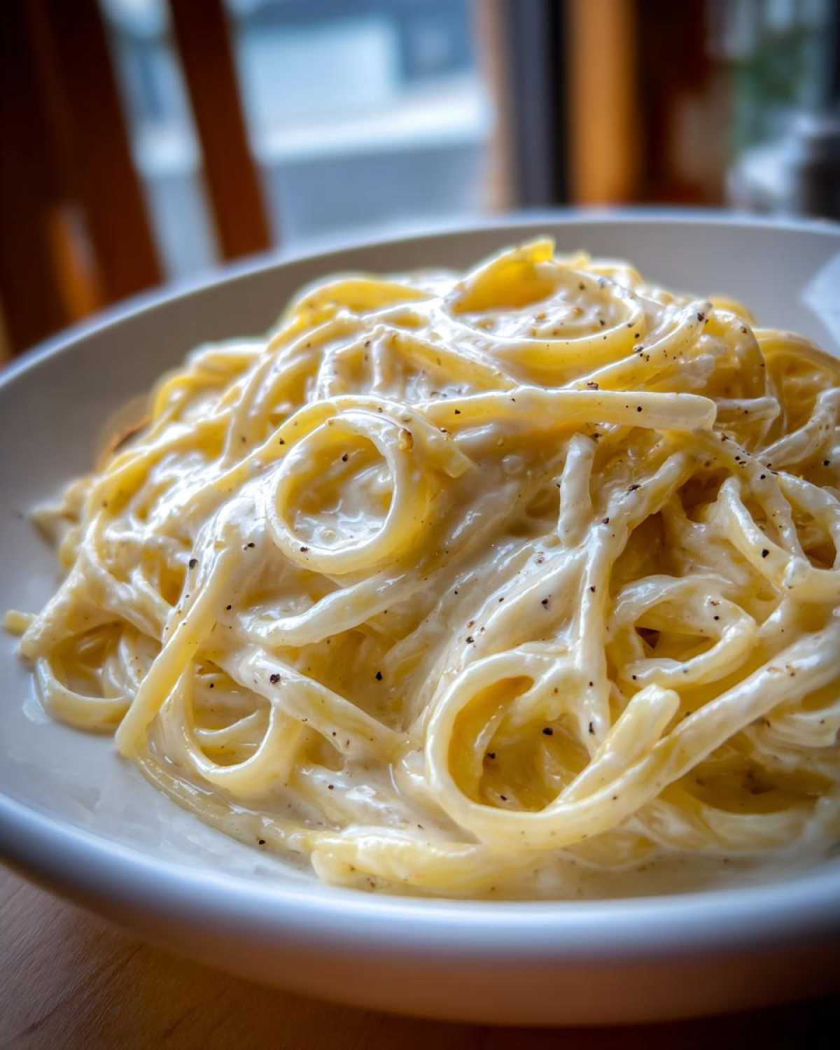 Close-up of spaghetti coated thickly in rich, creamy homemade alfredo sauce and sprinkled with black pepper.