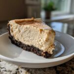 A thick slice of creamy peanut butter pie with a dark chocolate crust, dusted with cinnamon.