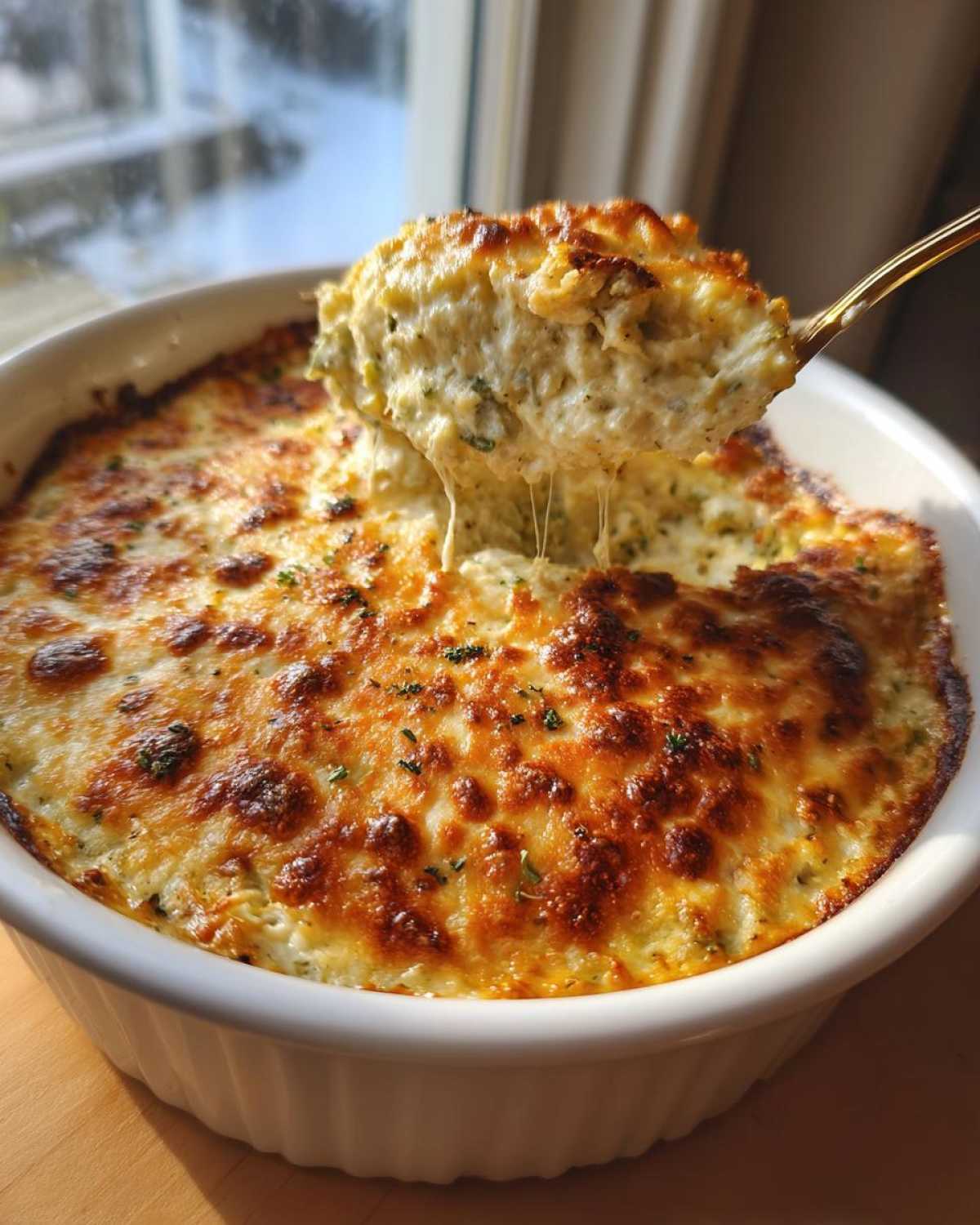 A spoonful of creamy, cheesy popper dip being lifted from a white baking dish with a golden crust.