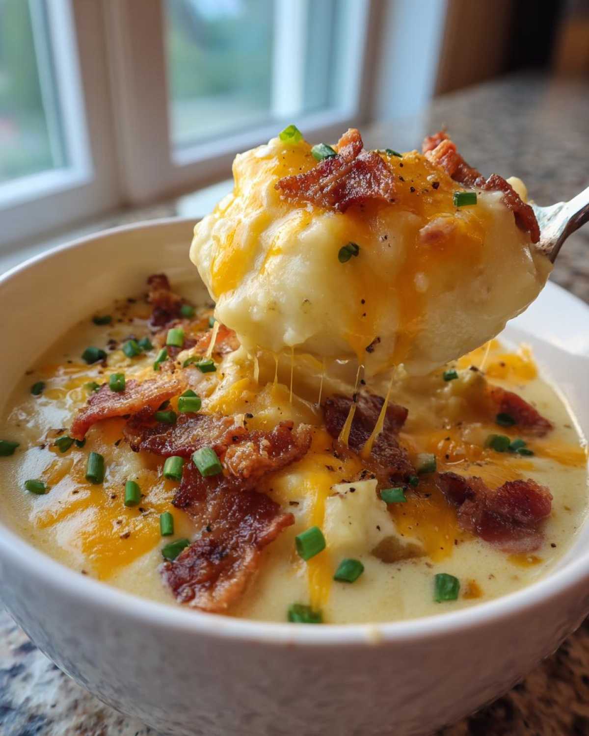 A spoonful of thick, creamy potato soup recipe topped with melted cheddar cheese, bacon bits, and chives.
