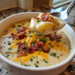 A spoonful of creamy potato soup recipe lifted from a white bowl, topped with melted cheddar, bacon bits, and chives.