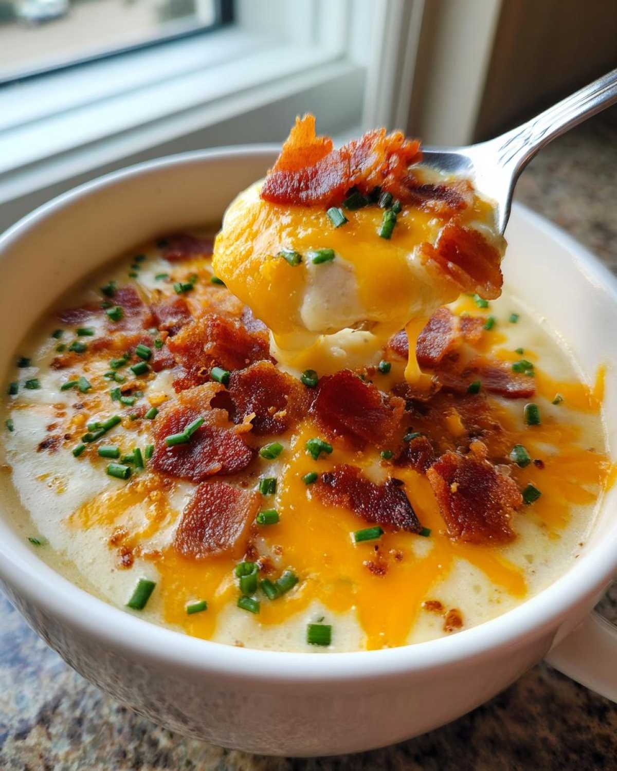 A spoonful of creamy potato soup recipe lifted from a bowl, covered in melted cheddar cheese, bacon bits, and chives.
