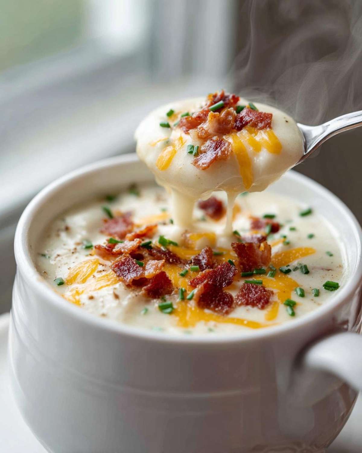 A spoonful of creamy potato soup recipe lifted from a white bowl, topped with melted cheese, bacon bits, and chives.