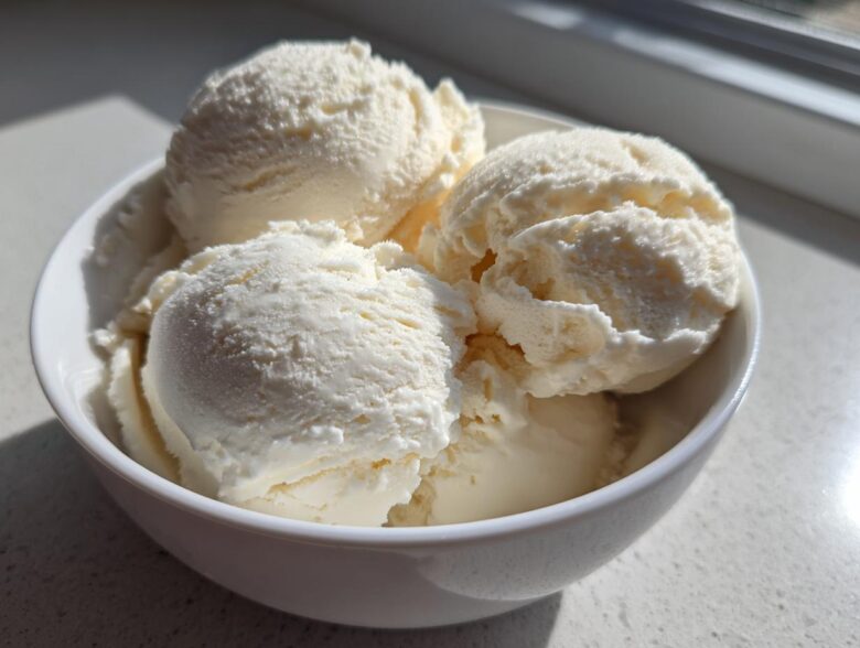 Four generous scoops of creamy vanilla-colored protein ice cream served in a small white bowl.
