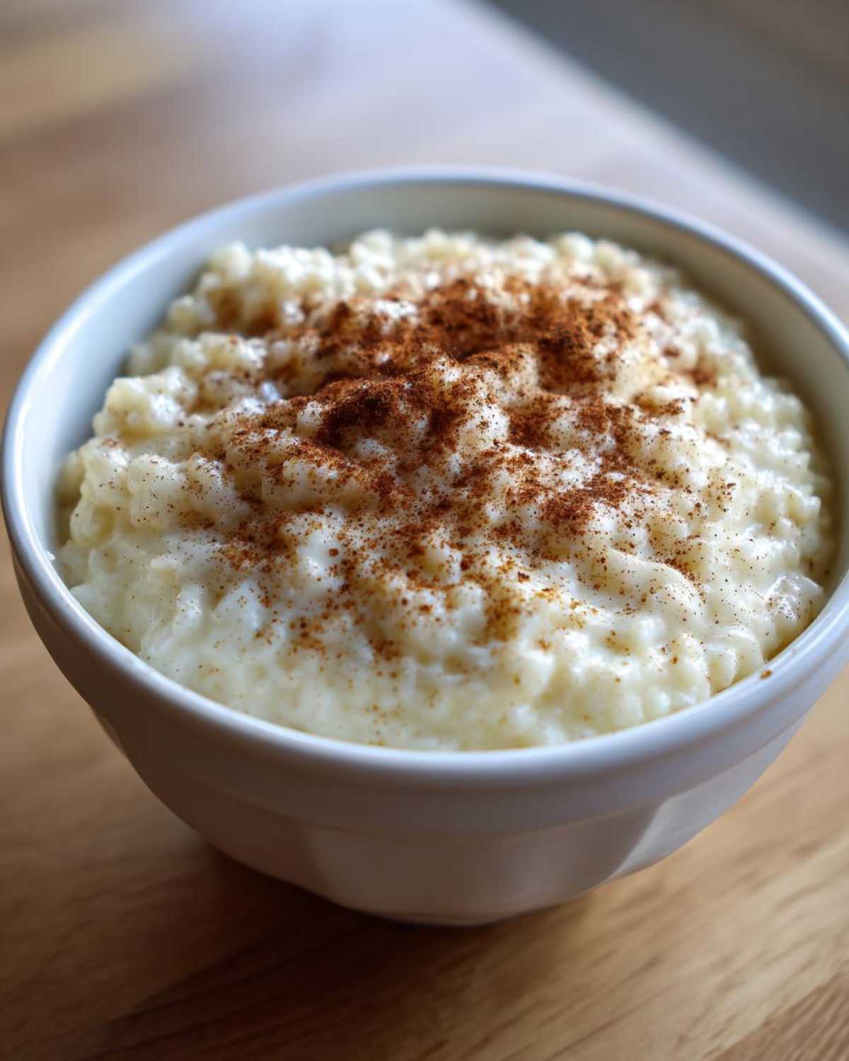 Close-up of creamy rice pudding topped generously with ground cinnamon in a white bowl.