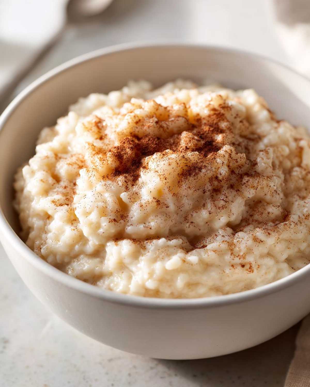 Close-up of creamy rice pudding in a white bowl, generously sprinkled with cinnamon.