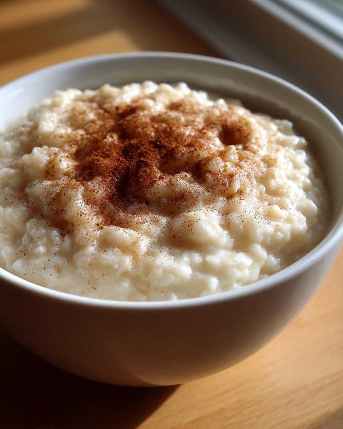 Close-up of creamy rice pudding topped generously with ground cinnamon in a white bowl.