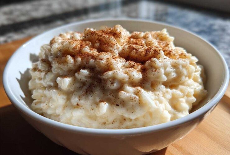 A close-up of creamy rice pudding in a white bowl, generously sprinkled with ground cinnamon.