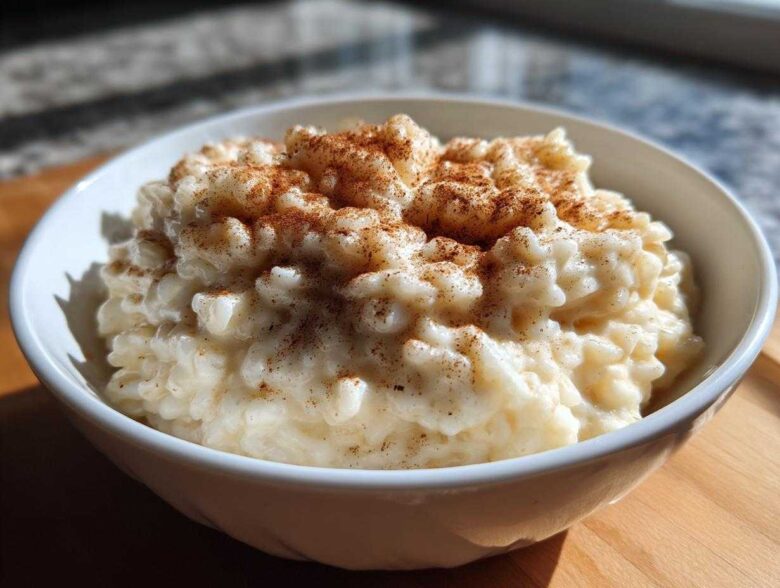 A close-up of creamy rice pudding in a white bowl, generously sprinkled with ground cinnamon.