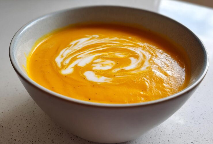 Close-up of a bowl of bright orange squash soup topped with a swirl of cream.