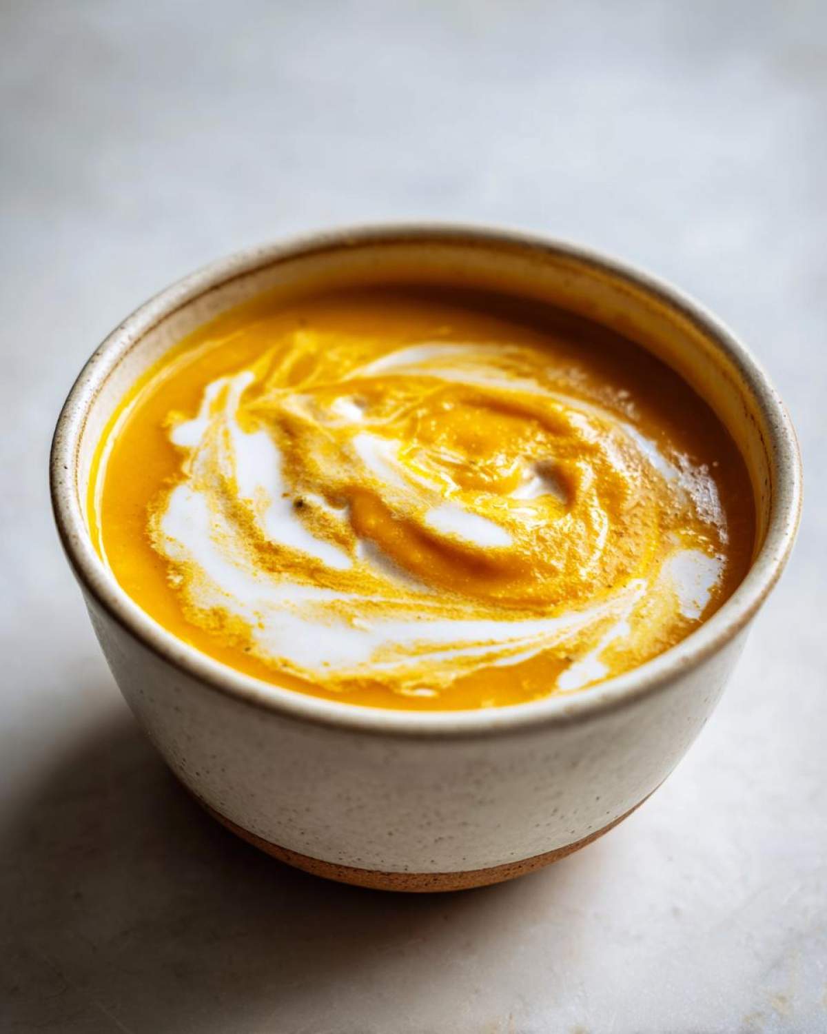 A close-up of vibrant orange squash soup topped with a swirl of white cream in a rustic ceramic bowl.