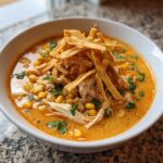 A close-up of a bowl of creamy, orange-hued tortilla soup topped with shredded chicken, corn, and crispy tortilla strips.