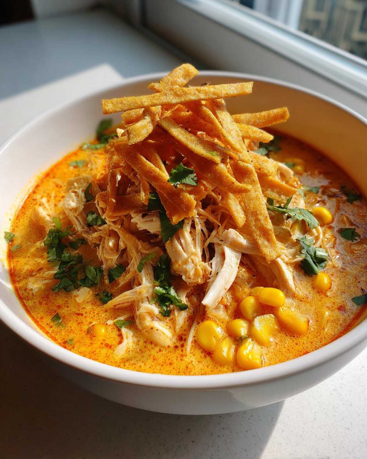 A close-up of a bowl of rich, orange-colored tortilla soup topped with shredded chicken, corn, and crispy tortilla strips.