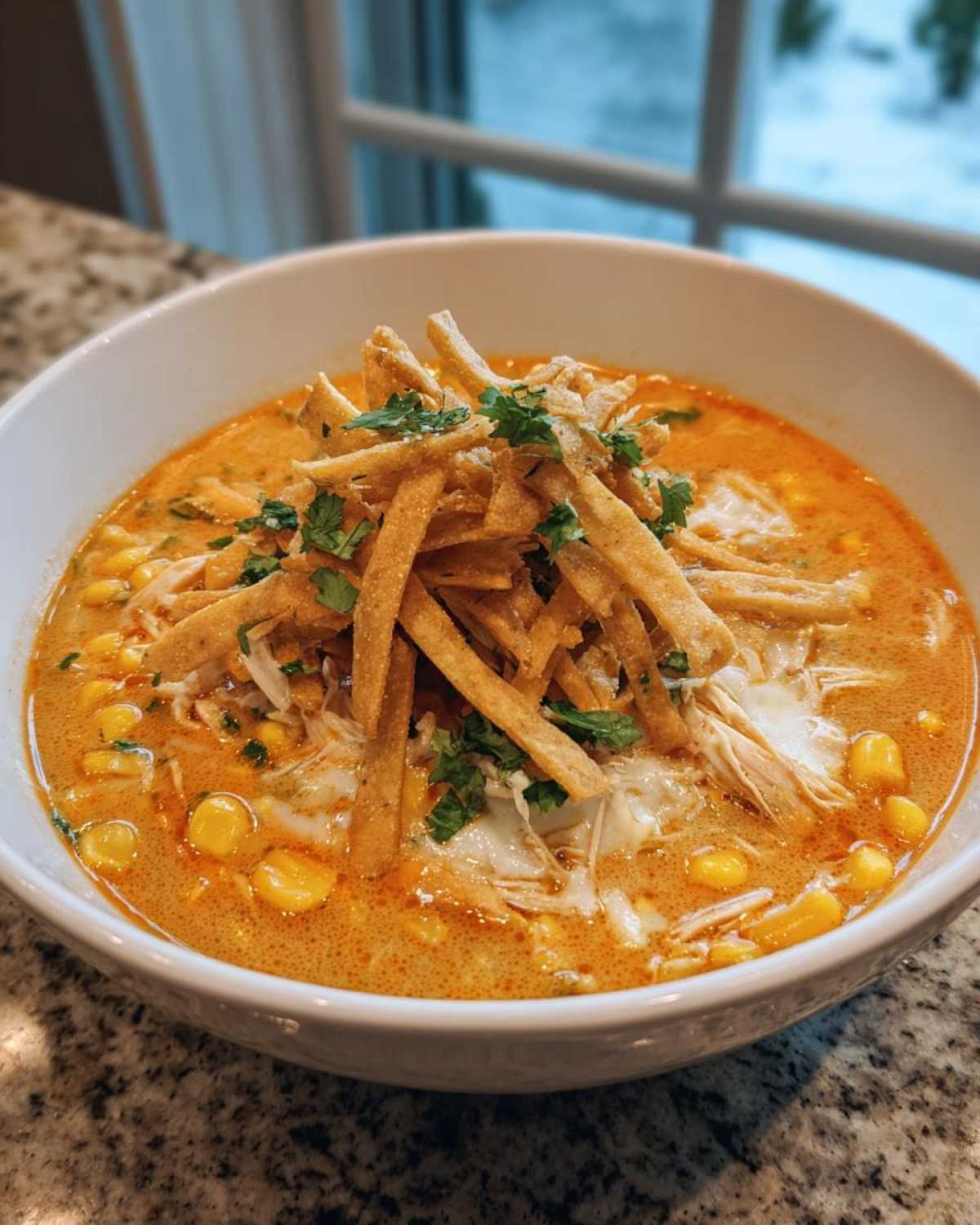 Close-up of a bowl of creamy tortilla soup topped with shredded chicken, corn, melted cheese, and crispy tortilla strips.
