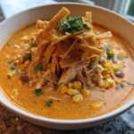 A close-up of a bowl of creamy, orange-hued tortilla soup topped with shredded chicken, corn, and crispy tortilla strips.