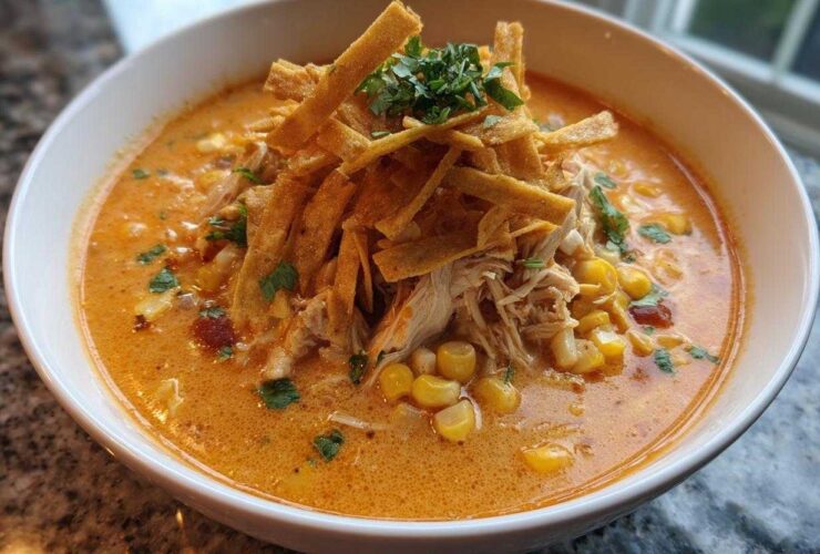 A close-up of a bowl of creamy, orange-hued tortilla soup topped with shredded chicken, corn, and crispy tortilla strips.