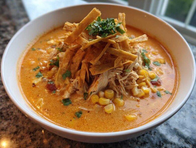 A close-up of a bowl of creamy, orange-hued tortilla soup topped with shredded chicken, corn, and crispy tortilla strips.