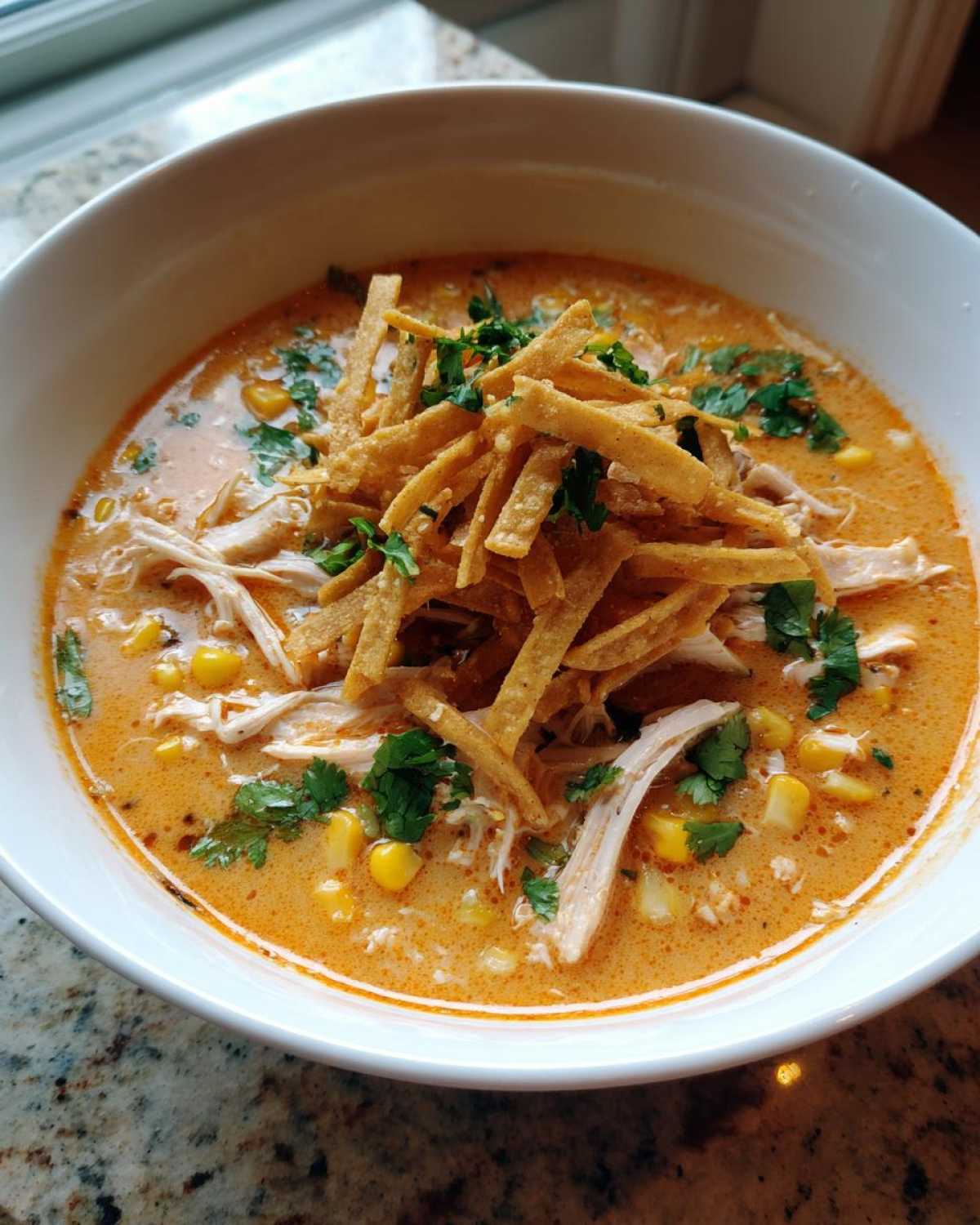 Close-up of a bowl of creamy, orange-hued tortilla soup with shredded chicken, corn, and crispy tortilla strips.