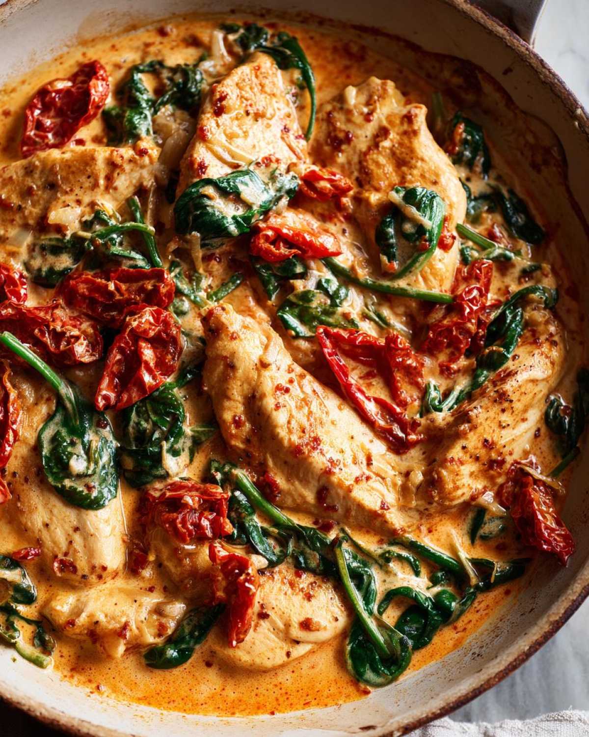 Close-up view of perfectly cooked creamy Tuscan chicken breasts simmering in a rich, orange-hued sauce with spinach and sun-dried tomatoes.