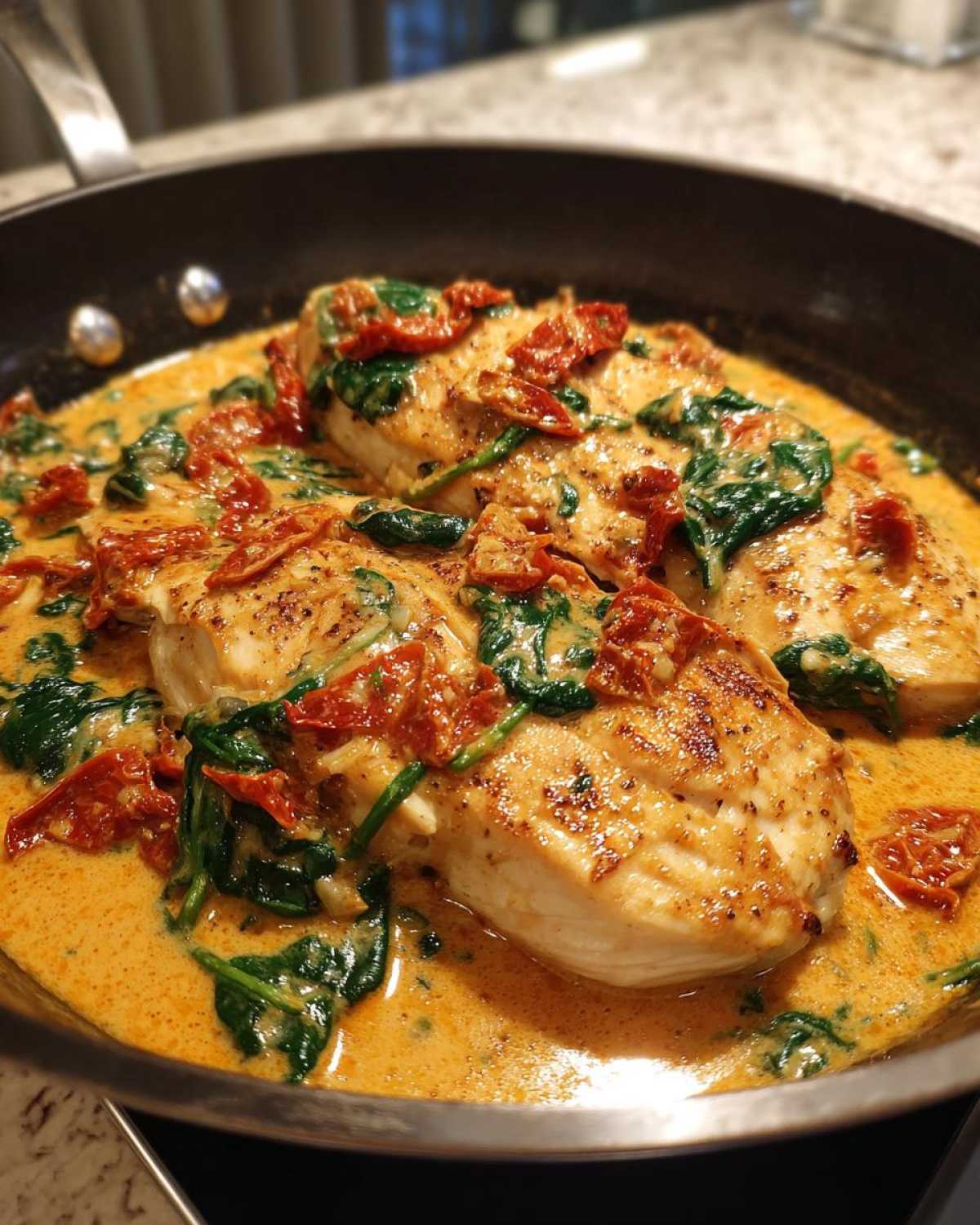 Close-up of seared chicken breasts simmering in a rich, creamy Tuscan sauce with spinach and sun-dried tomatoes, featuring creamy tuscan chicken.
